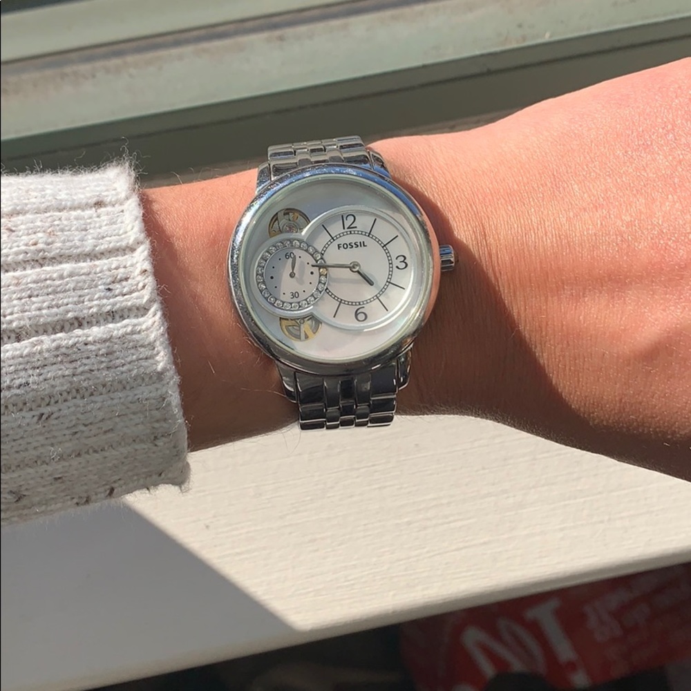 Silver Fossil Watch with Pearl Face